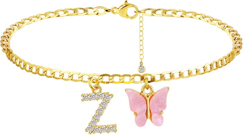 VIROMY 14K Gold Plated Dainty Butterfly Initial Ankle Bracelets Handmade Cuban Chain White Butterfly A-Z Alphabet Letter Initial Anklets Personalized Summer Beach Jewelry Gifts for Women - Image 1